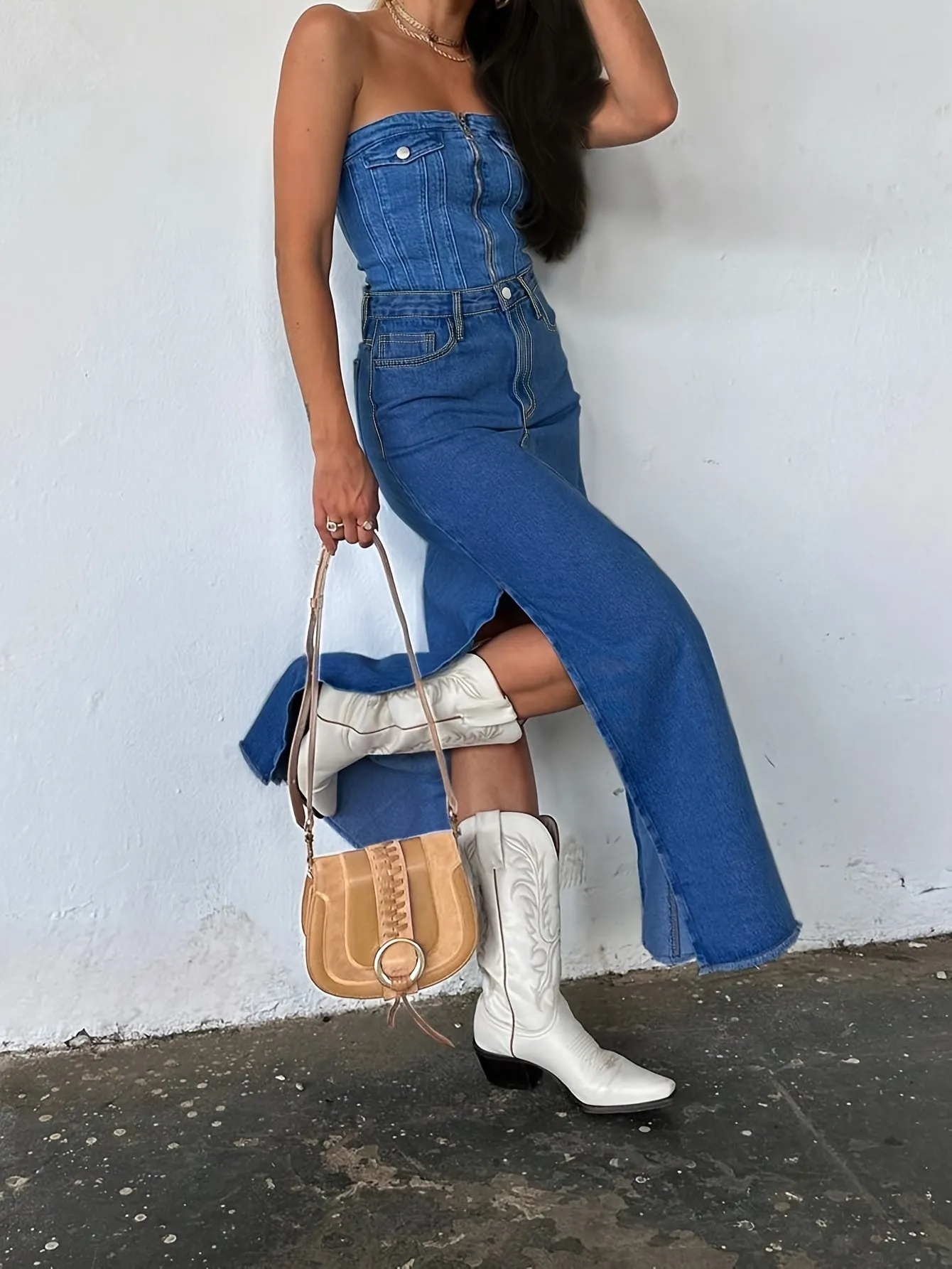 Stretchy High-Rise Split Side Maxi Denim Skirt - Women's Denim Skirts with Elegant Slash Pockets, Comfortable & Flattering Fit - Perfect for Casual Daily Wear