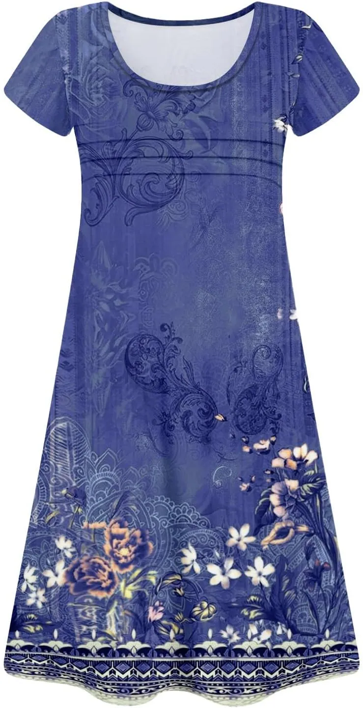 Summer Beach Vacation Clothes Spring Dresses for Women 2025 Short Sleeve Boho Printed Loose T Shirt Dress