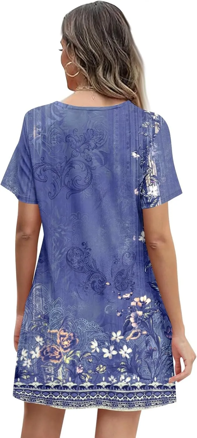 Summer Beach Vacation Clothes Spring Dresses for Women 2025 Short Sleeve Boho Printed Loose T Shirt Dress