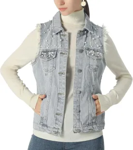 sysinside Women's Candy Color Slim Fit Distressed Denim Vest Frayed Raws Sleeveless Jacket