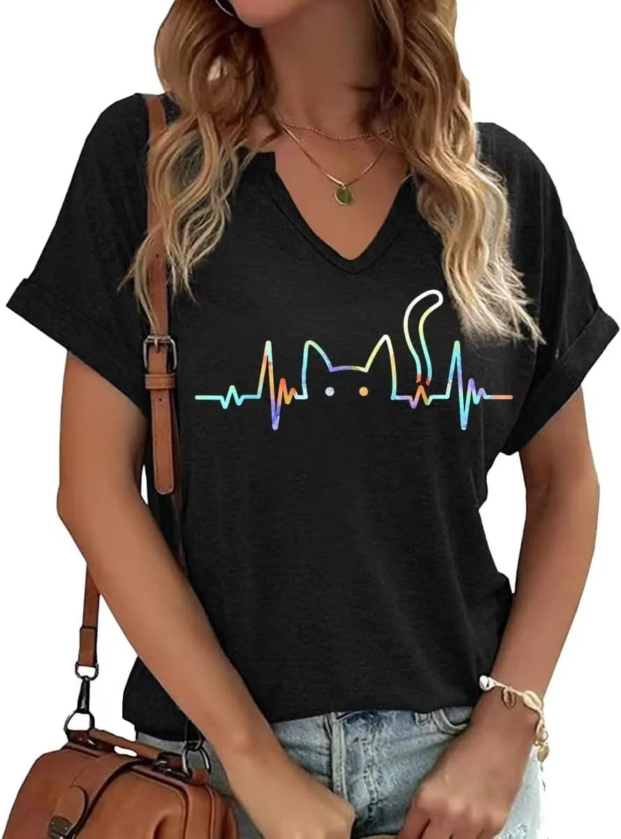 TIXOM Womens Summer V Neck Shirt Funny Letter Printed Graphic Short Sleeve Tee Casual Loose Fit Holiday Tops
