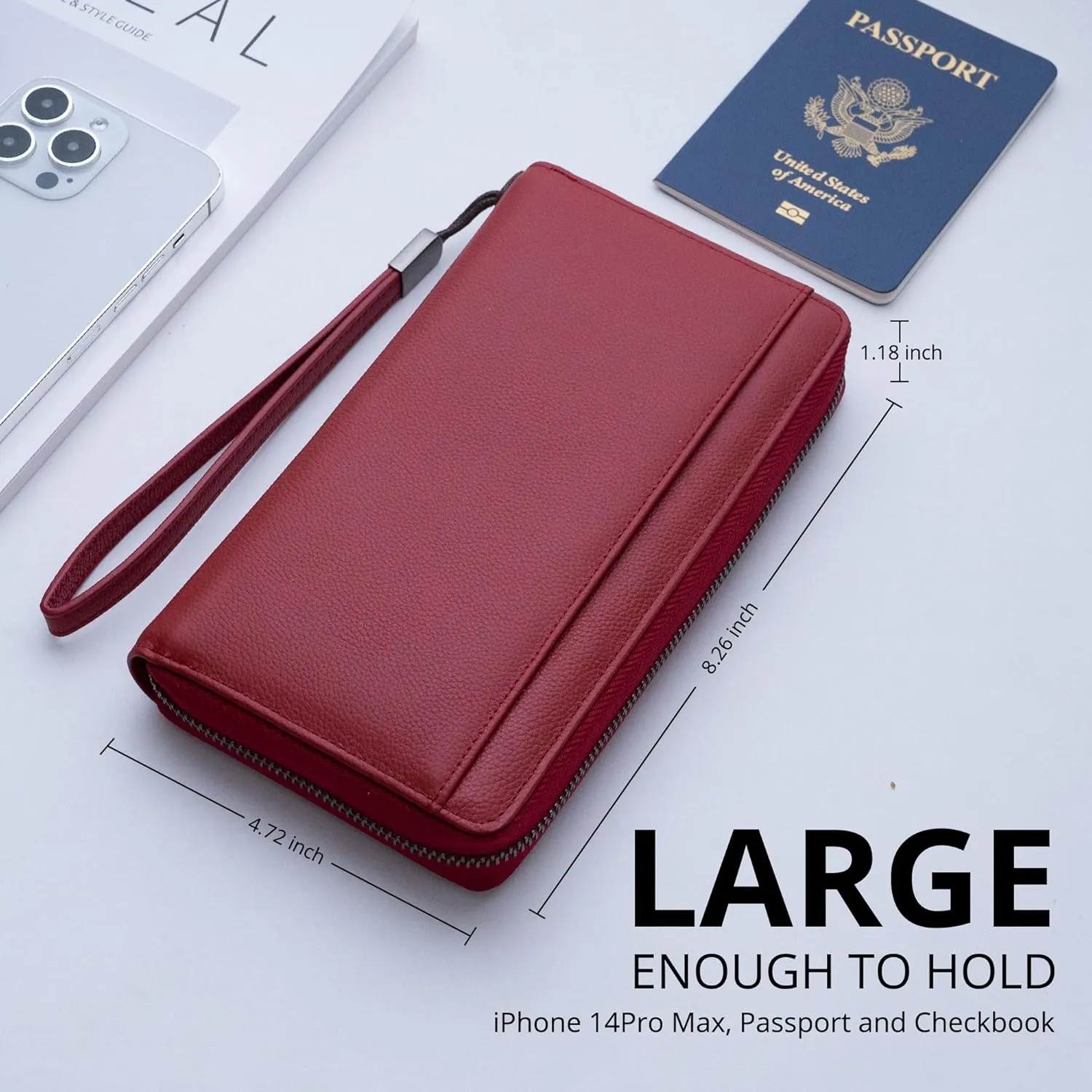 Travel Document Organizer RFID Blocking Leather Multiple Passport Wallet Family Holder Id Wrist Strap(Wine Red)