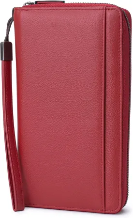 Travel Document Organizer RFID Blocking Leather Multiple Passport Wallet Family Holder Id Wrist Strap(Wine Red)