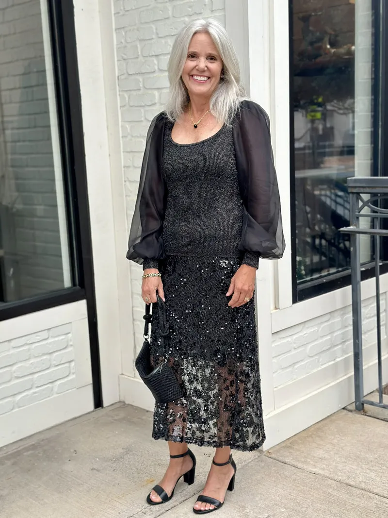 Twilight Sequin Midi Skirt - Black