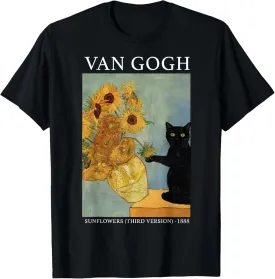 Van Gogh Black Cat With Sunflowers Funny Cat T-Shirt