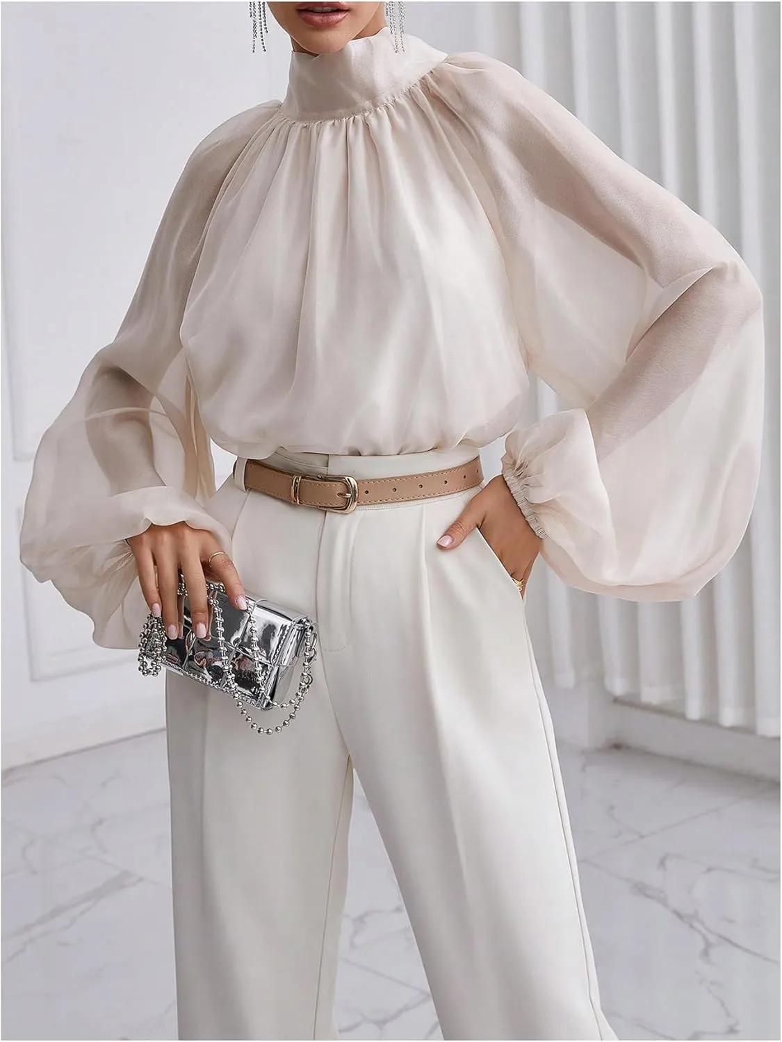 Verdusa Women's Long Lantern Sleeve Bow Tie Neck Ruched Oversized Blouse
