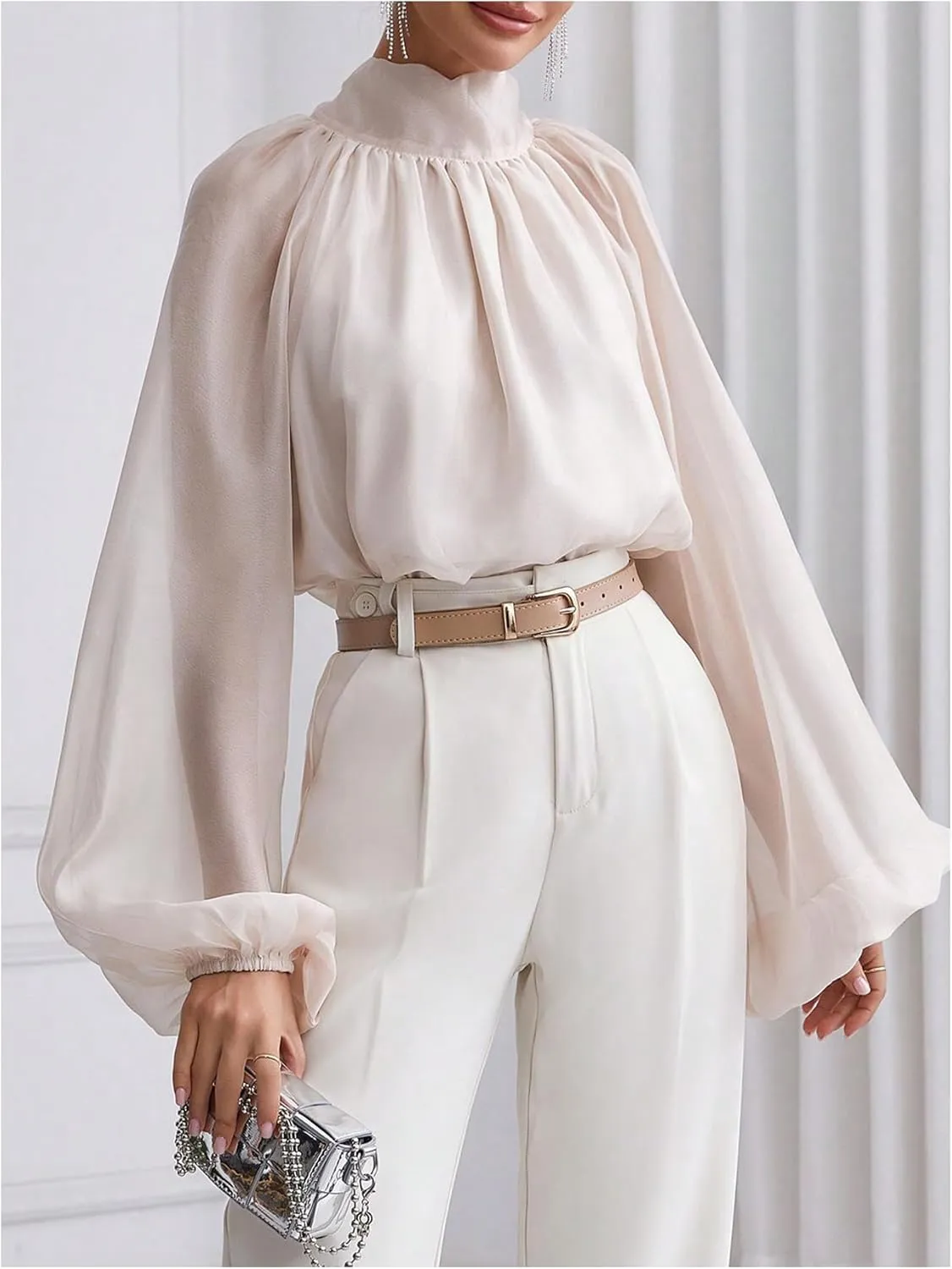 Verdusa Women's Long Lantern Sleeve Bow Tie Neck Ruched Oversized Blouse