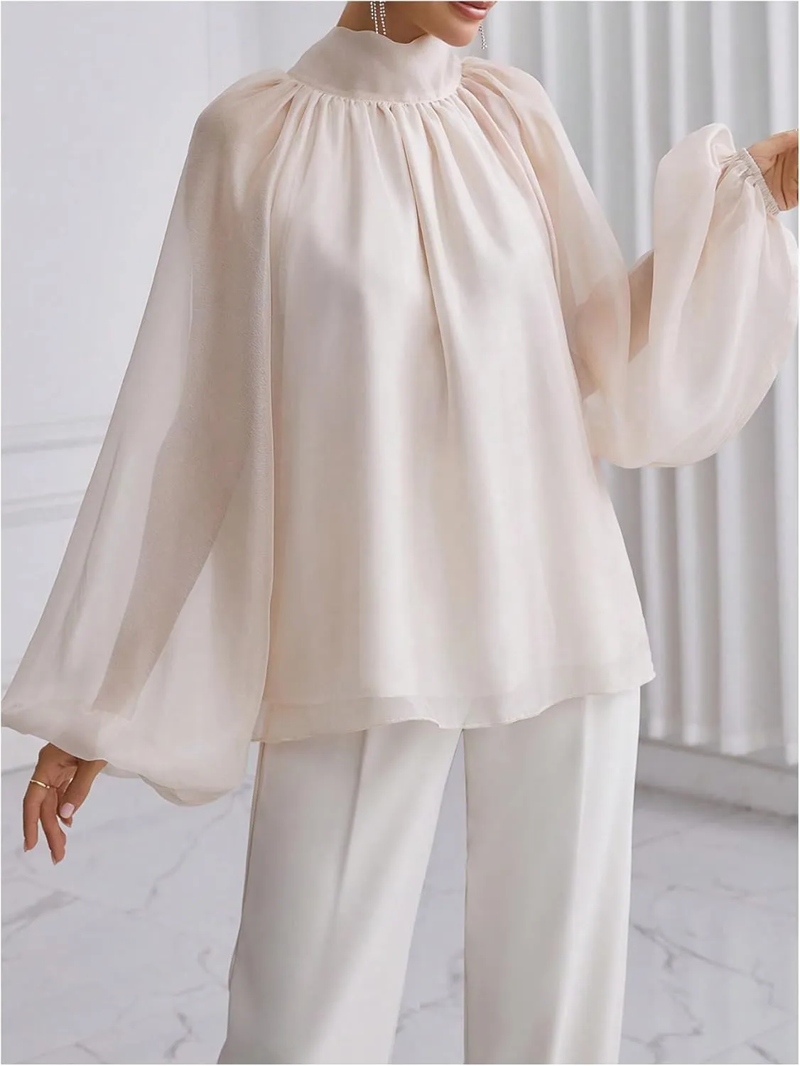 Verdusa Women's Long Lantern Sleeve Bow Tie Neck Ruched Oversized Blouse
