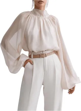 Verdusa Women's Long Lantern Sleeve Bow Tie Neck Ruched Oversized Blouse
