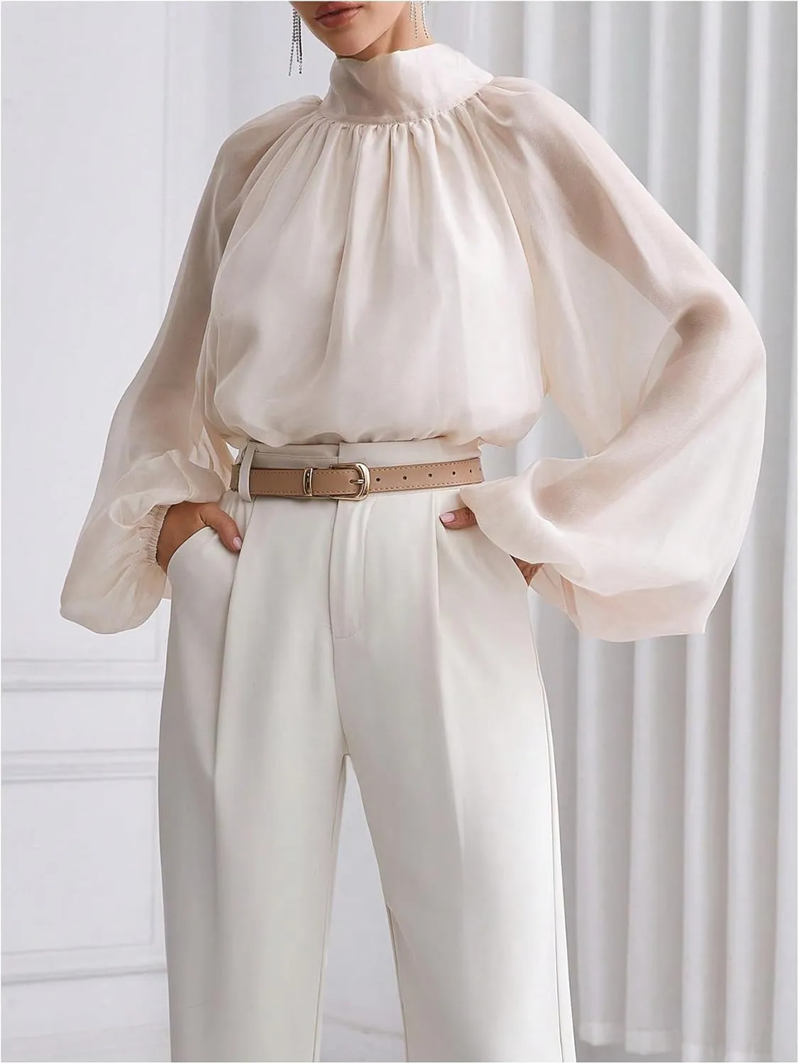 Verdusa Women's Long Lantern Sleeve Bow Tie Neck Ruched Oversized Blouse
