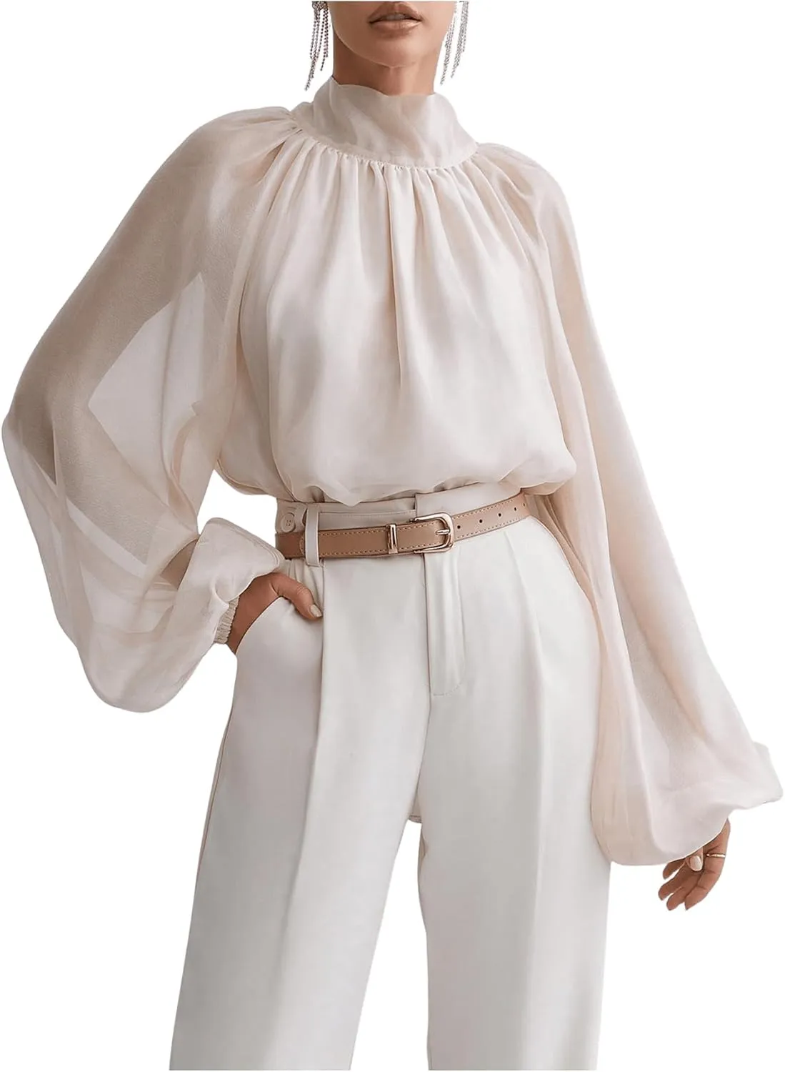 Verdusa Women's Long Lantern Sleeve Bow Tie Neck Ruched Oversized Blouse