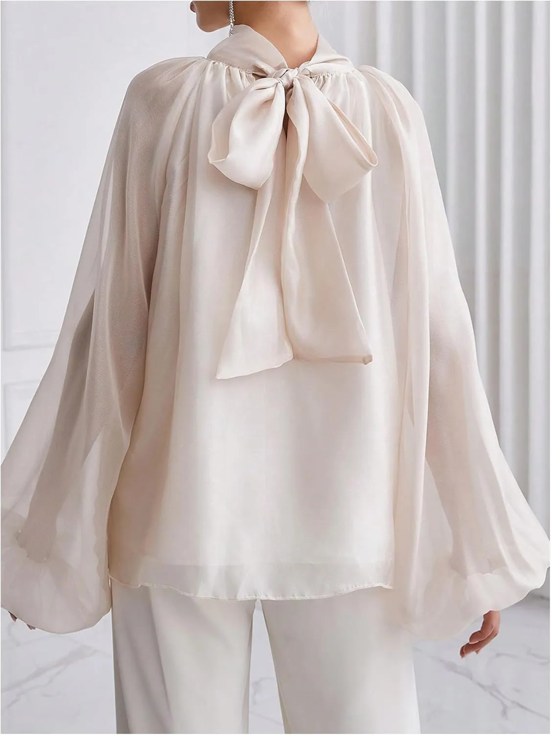 Verdusa Women's Long Lantern Sleeve Bow Tie Neck Ruched Oversized Blouse