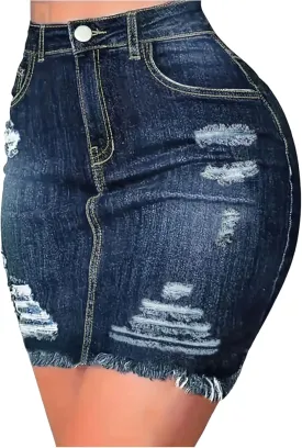 WDIRARA Women's Ripped Raw Hem Bodycon Denim Skirt High Waisted Mini Jean Skirts