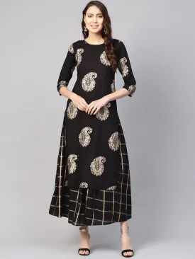 Women Black & Golden Printed Kurta With Skirt