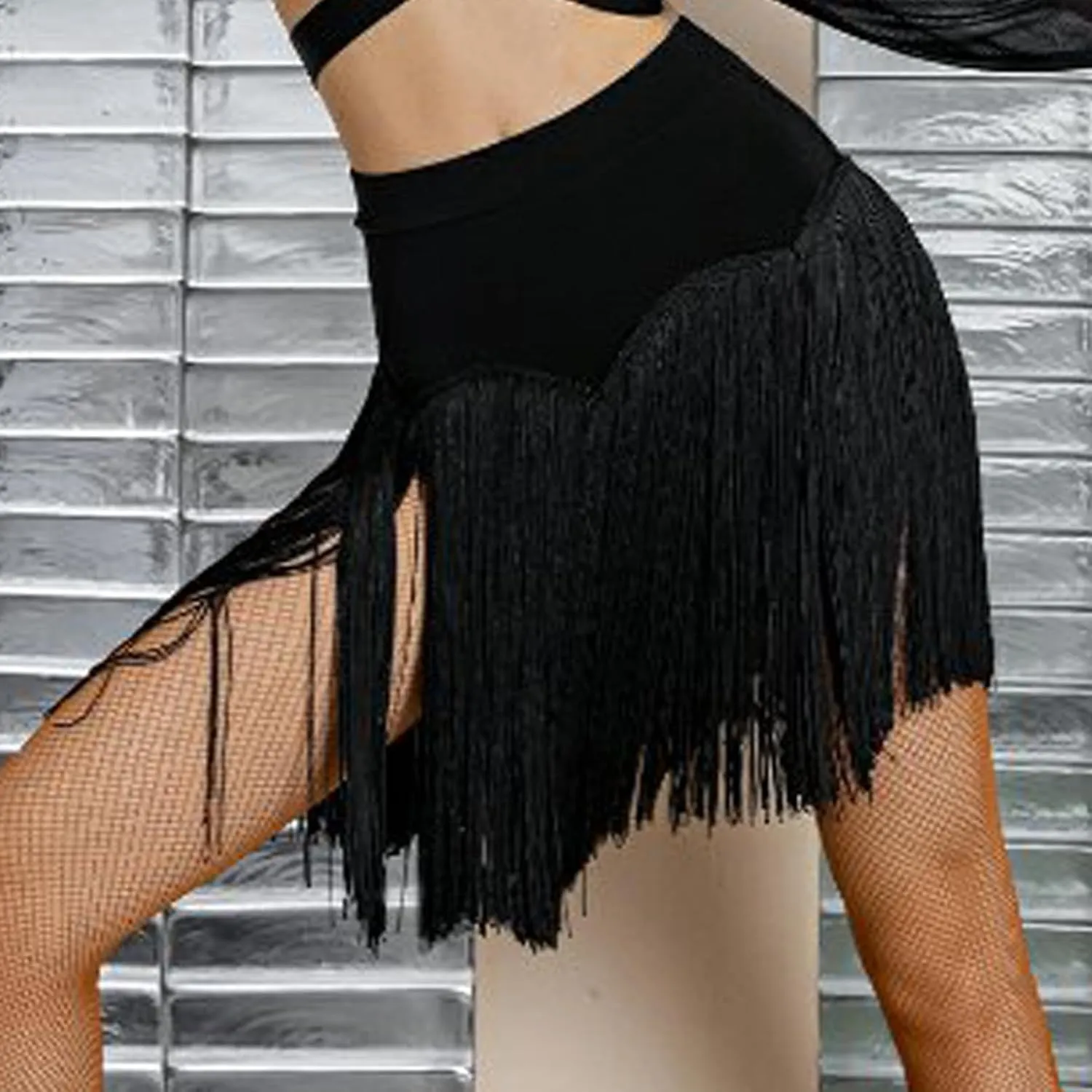 Women Black Fringe Mini Short Skirt with Shorts Female Stretchy Rave Disco Club Latin Salsa Dance Skirt