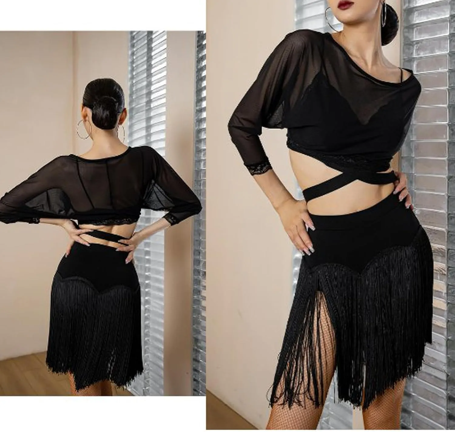 Women Black Fringe Mini Short Skirt with Shorts Female Stretchy Rave Disco Club Latin Salsa Dance Skirt