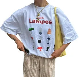 Women Graphic Oversized Tee Y2k Fruit Print Short Sleeve White Top Crewneck Cute Aesthetic Tee Shirts Summer
