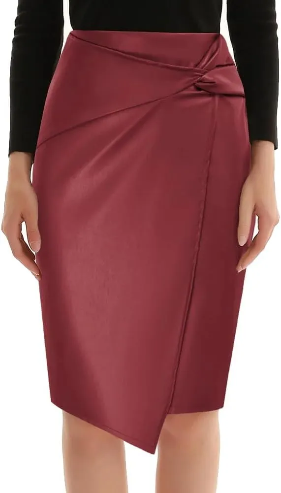 Women PU Leather Skirt Short Length -Front HIPS-Wrapped Waisted Female Streetwear