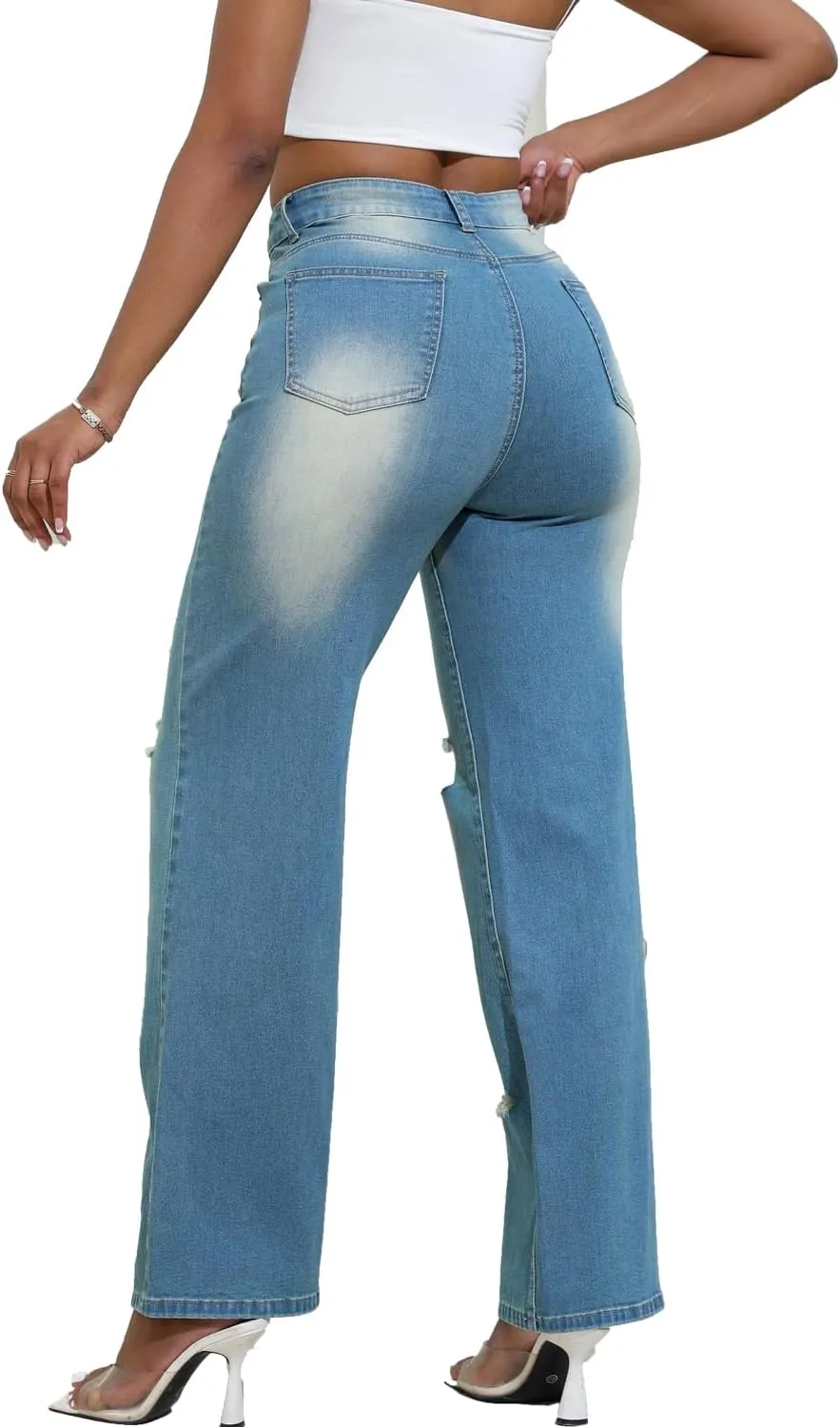 Women Stretchy Distressed Wide Leg Jeans Ripped Mom Baggy Straight Boyfriend Trendy Trouser Denim Pants for Women