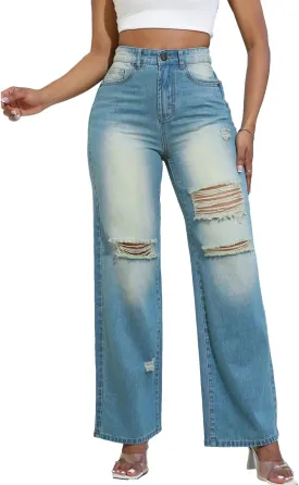 Women Stretchy Distressed Wide Leg Jeans Ripped Mom Baggy Straight Boyfriend Trendy Trouser Denim Pants for Women
