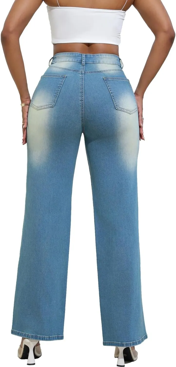 Women Stretchy Distressed Wide Leg Jeans Ripped Mom Baggy Straight Boyfriend Trendy Trouser Denim Pants for Women