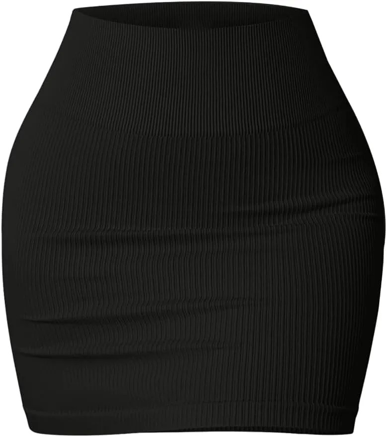 Women's Basic Elastic High Waist Bodycon Pencil Mini Skirt Casual Summer Ribbed Knit Short Skirt Fashion Streetwear Black
