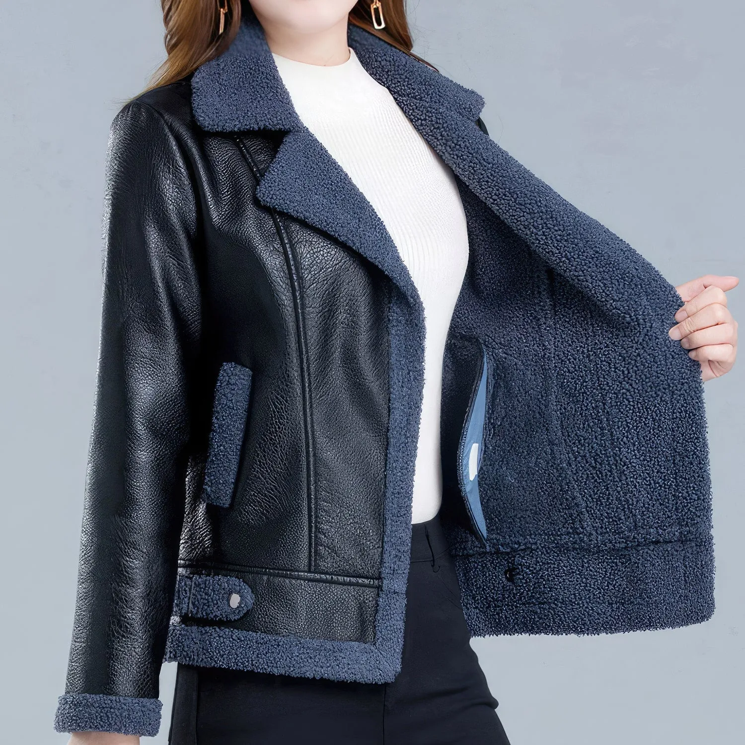 Women’s Black Bomber Genuine Sheepskin Sherpa Shearling Faux Fur Lined Winter Warm Fashion Chic Slim Fit Leather Jacket
