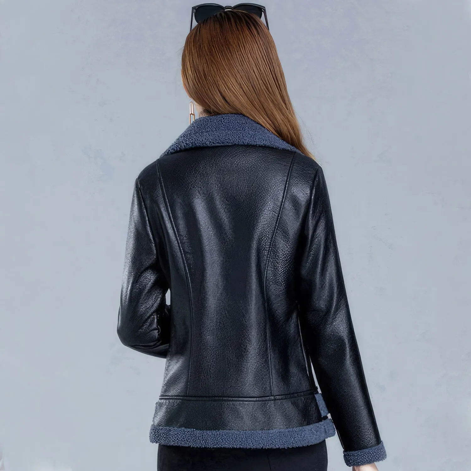 Women’s Black Bomber Genuine Sheepskin Sherpa Shearling Faux Fur Lined Winter Warm Fashion Chic Slim Fit Leather Jacket