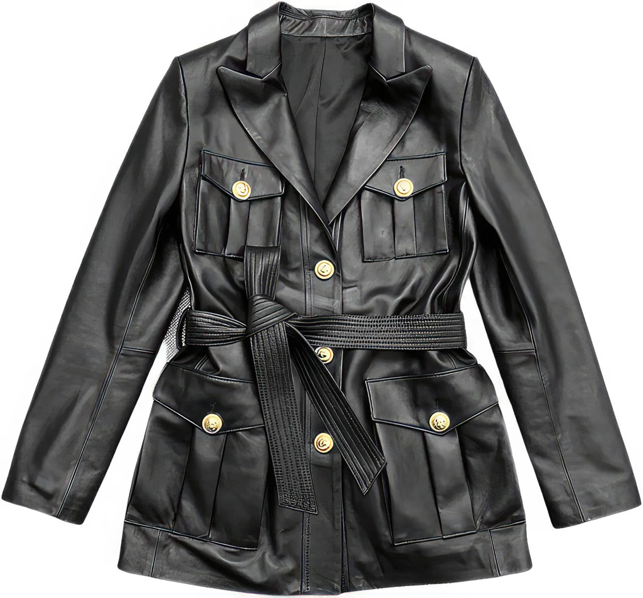 Women’s Black Genuine Sheepskin Single Breasted Casual Multi-Pockets Fashion Motorcycle Belted Leather Jacket
