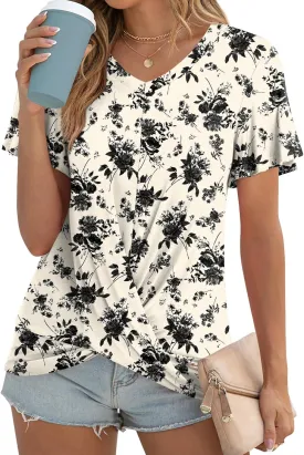 Womens Casual Summer Tunic Tops Short Sleeve Blouse Front Twist V-neck Tee Shirt