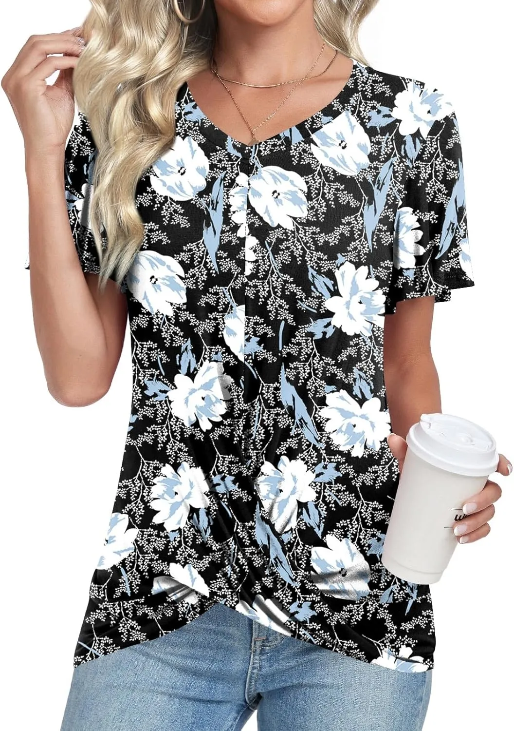 Womens Casual Summer Tunic Tops Short Sleeve Blouse Front Twist V-neck Tee Shirt