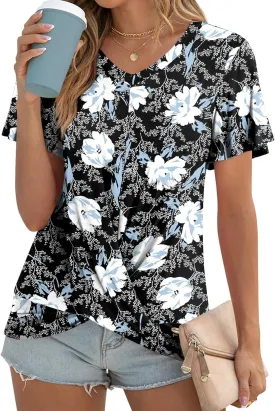 Womens Casual Summer Tunic Tops Short Sleeve Blouse Front Twist V-neck Tee Shirt