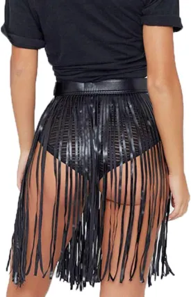 Women's Gothic Fringe Belt Skirt - Black PU Leather Waist Tassel Skirt, Punk Gypsy Style Outfit for Rave, Christmas Party & Costume