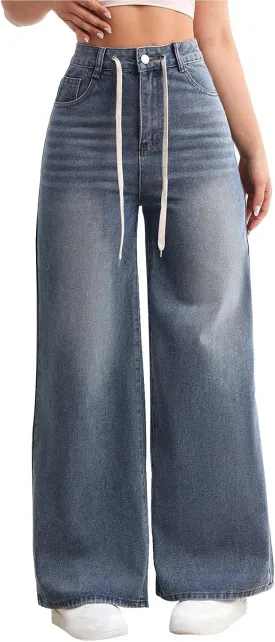 Womens Ripped Jeans High Waisted Distressed Baggy Straight Wide Leg Pants Lounge Denim Pants with Pockets
