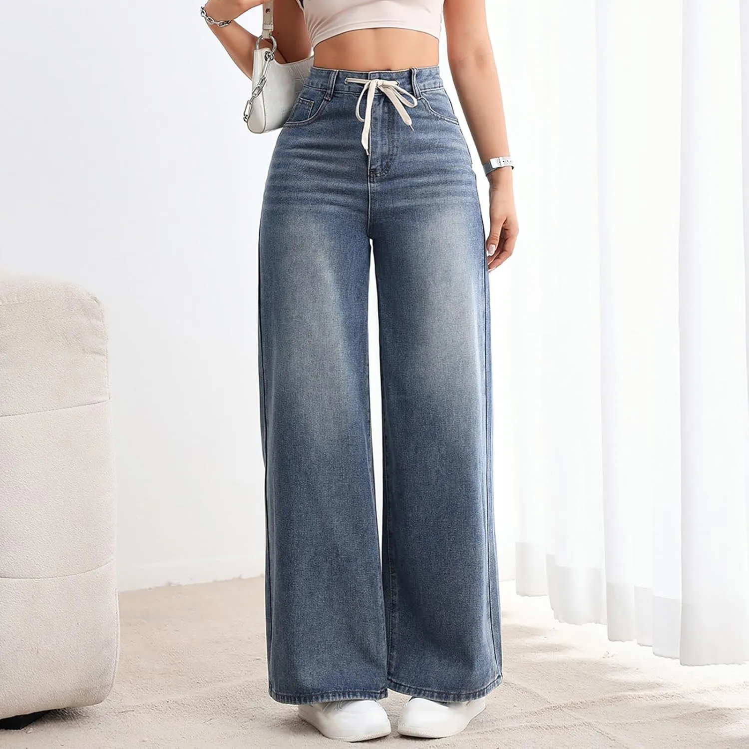 Womens Ripped Jeans High Waisted Distressed Baggy Straight Wide Leg Pants Lounge Denim Pants with Pockets