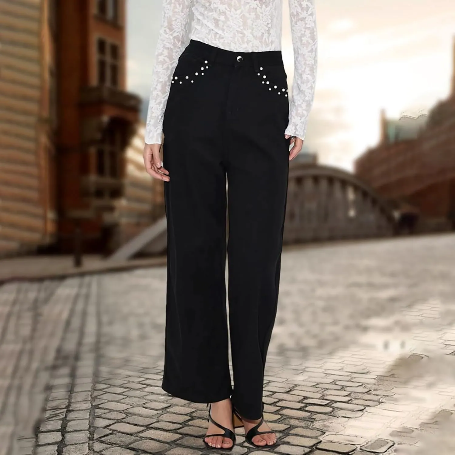 Womens Ripped Jeans High Waisted Distressed Baggy Straight Wide Leg Pants Lounge Denim Pants with Pockets