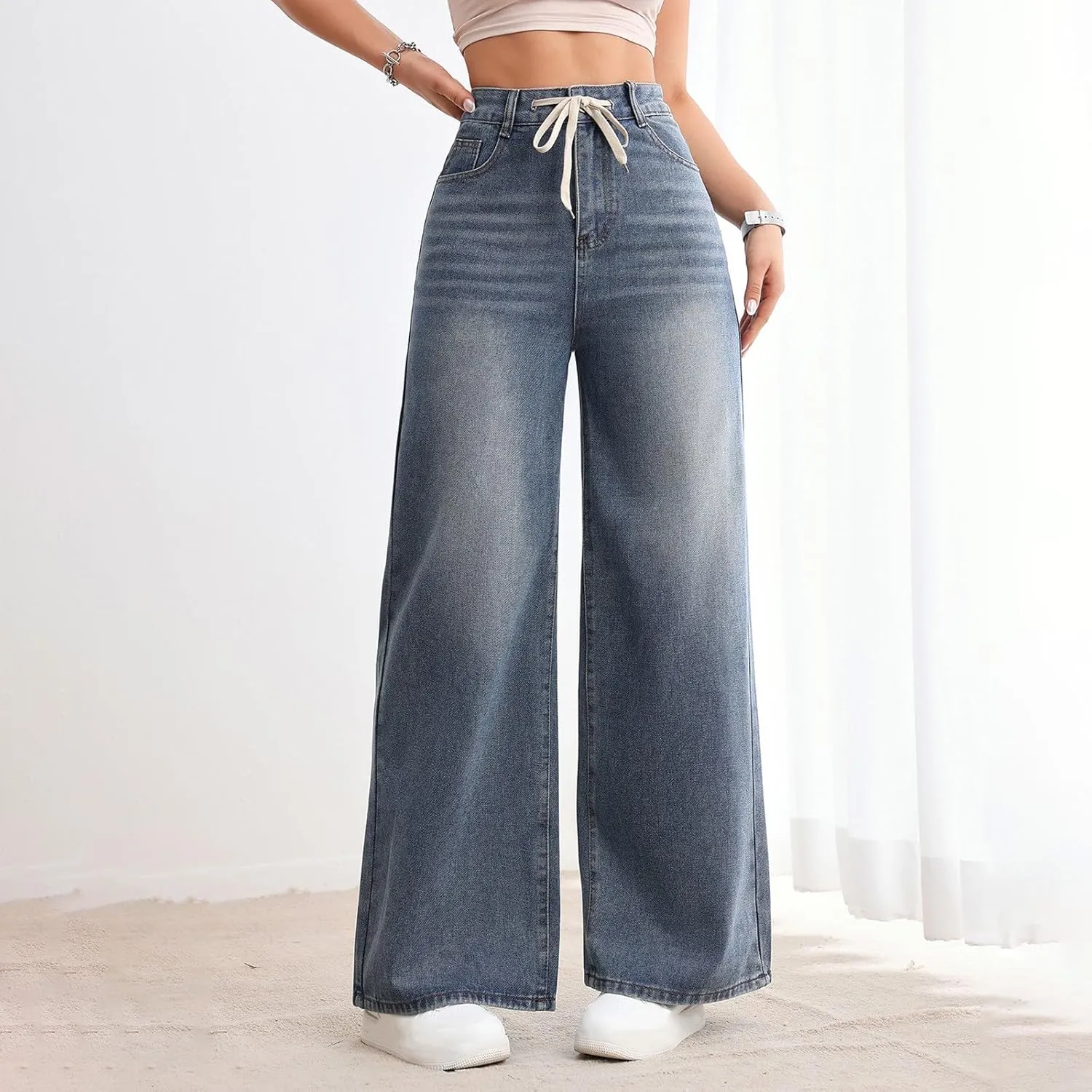 Womens Ripped Jeans High Waisted Distressed Baggy Straight Wide Leg Pants Lounge Denim Pants with Pockets