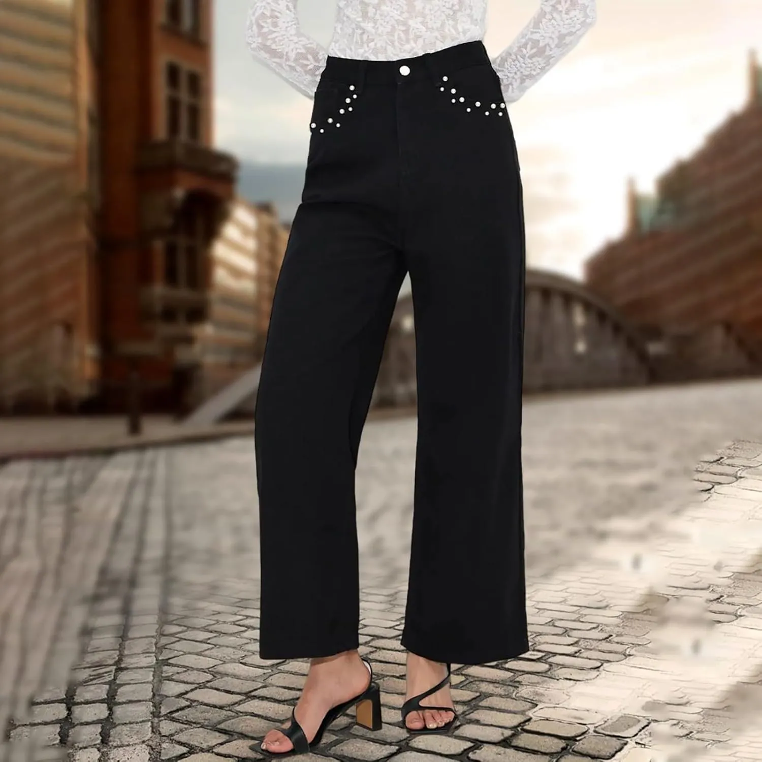 Womens Ripped Jeans High Waisted Distressed Baggy Straight Wide Leg Pants Lounge Denim Pants with Pockets