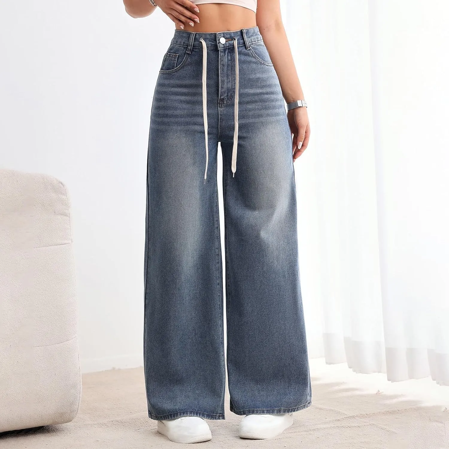 Womens Ripped Jeans High Waisted Distressed Baggy Straight Wide Leg Pants Lounge Denim Pants with Pockets