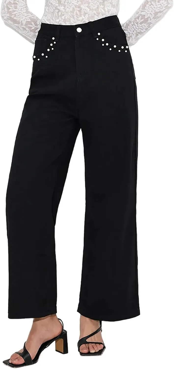 Womens Ripped Jeans High Waisted Distressed Baggy Straight Wide Leg Pants Lounge Denim Pants with Pockets