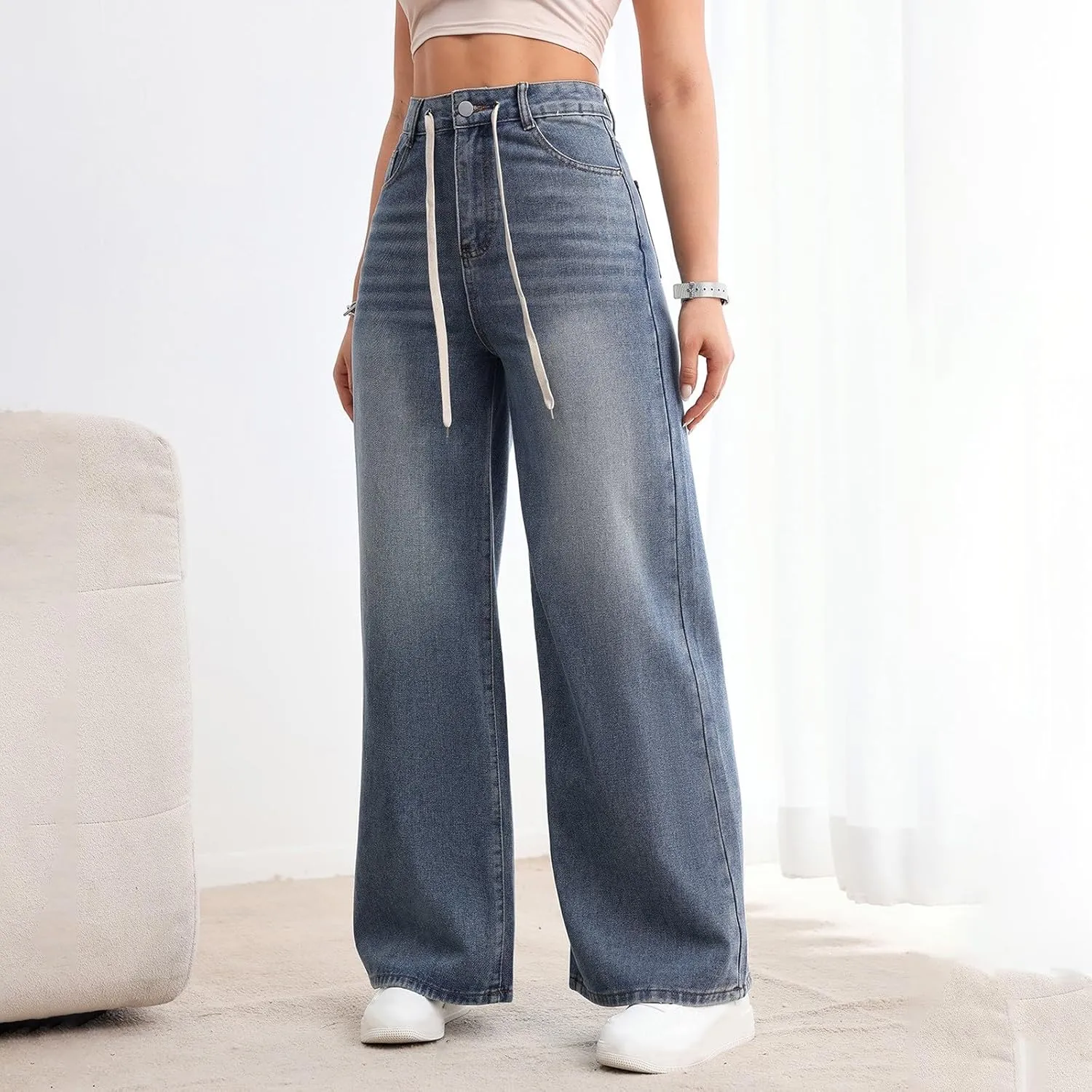 Womens Ripped Jeans High Waisted Distressed Baggy Straight Wide Leg Pants Lounge Denim Pants with Pockets