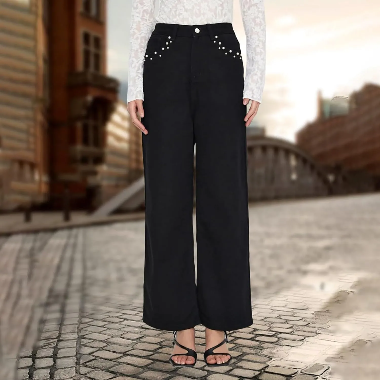 Womens Ripped Jeans High Waisted Distressed Baggy Straight Wide Leg Pants Lounge Denim Pants with Pockets