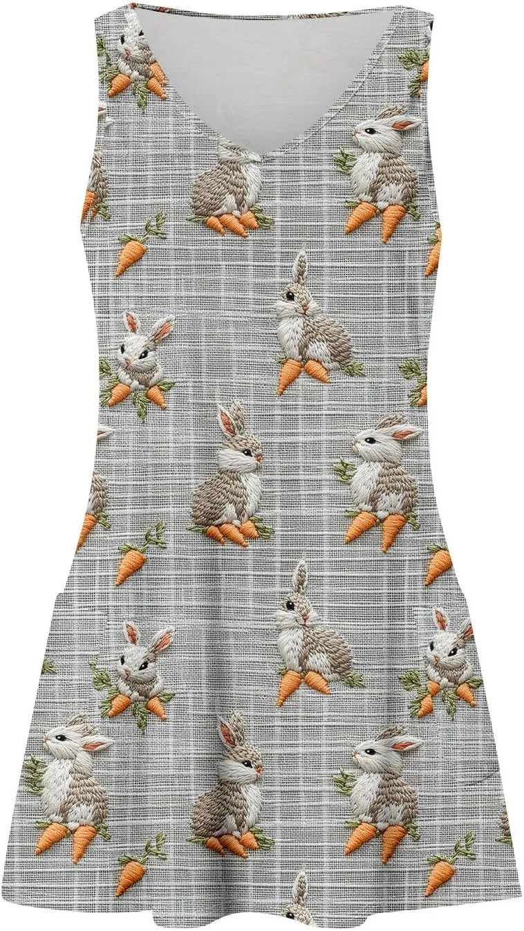 Women's Summer Dresses Casual V Neck Swimsuit Coverup Printed Sleeveless Sundress Beach 2025 Dress with Pocket
