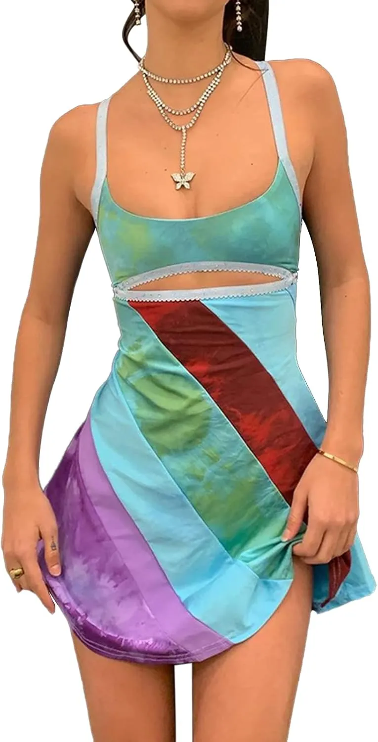 Women's Vintage Print Semi-Sheer Sheath Dress 2004s Fashion Bodycon Mini Slip Dress Retro Bandana Print Fitted Strap Dress