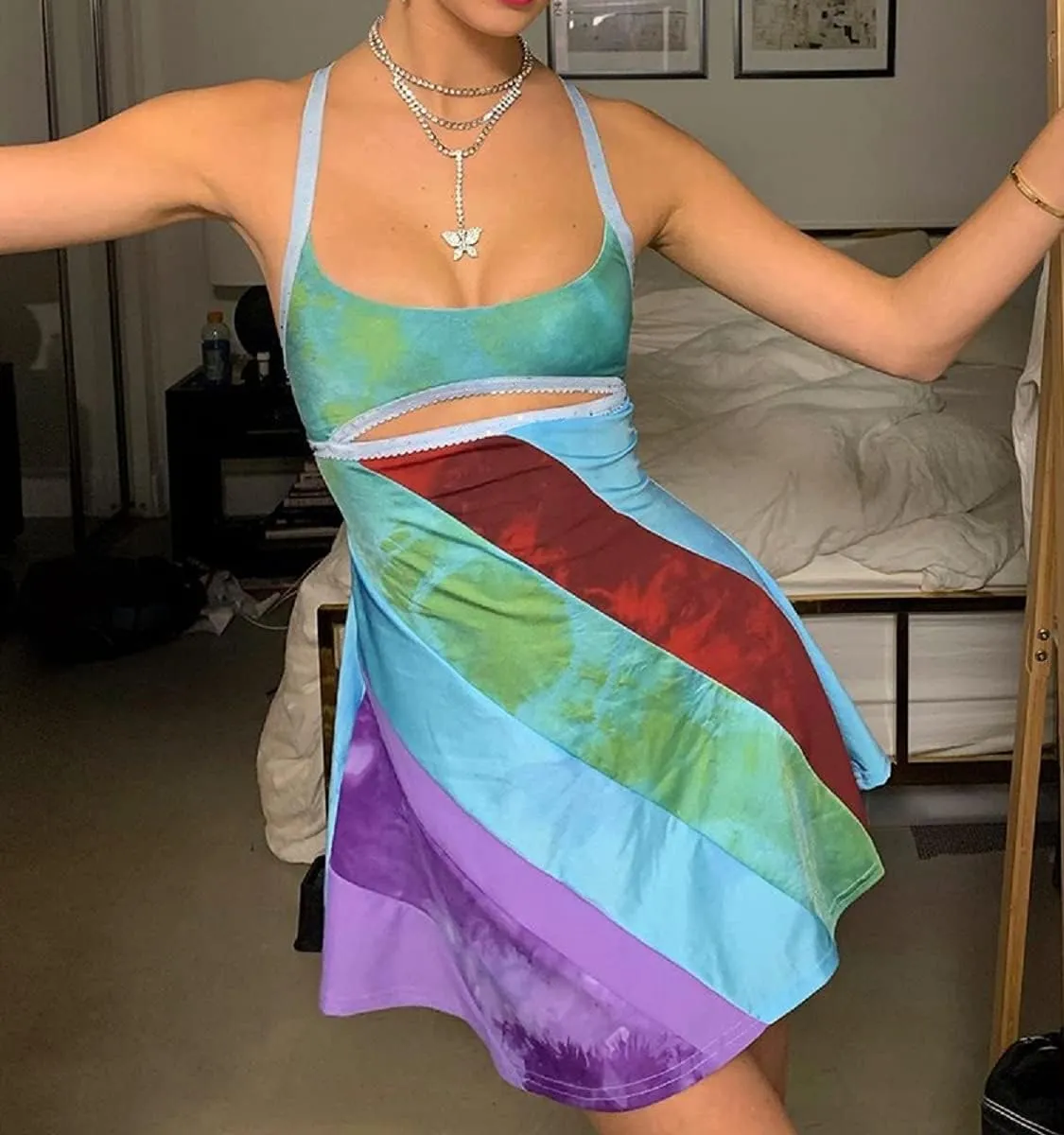 Women's Vintage Print Semi-Sheer Sheath Dress 2004s Fashion Bodycon Mini Slip Dress Retro Bandana Print Fitted Strap Dress