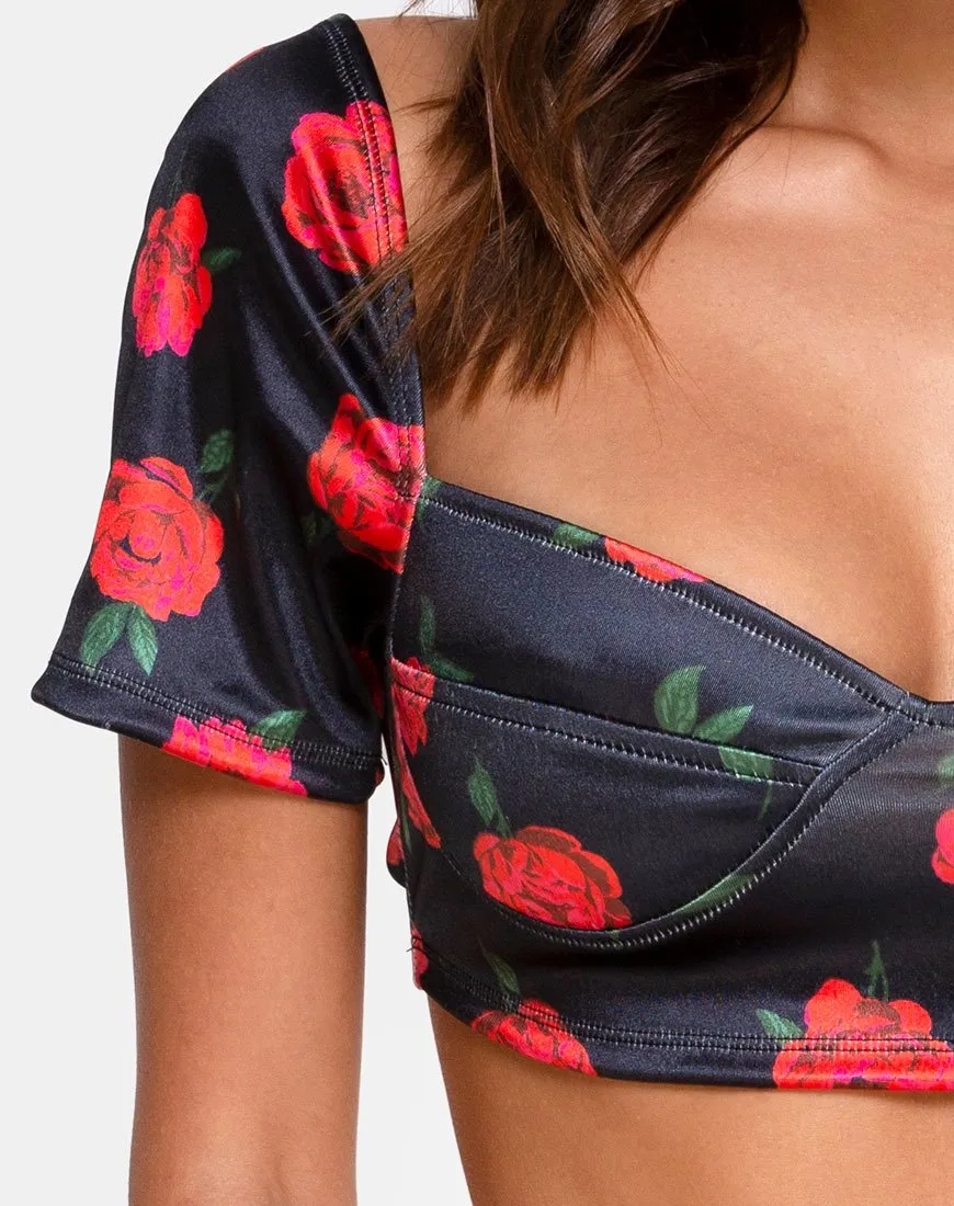 Yoona Top in Satin Stretch Last Rose Black