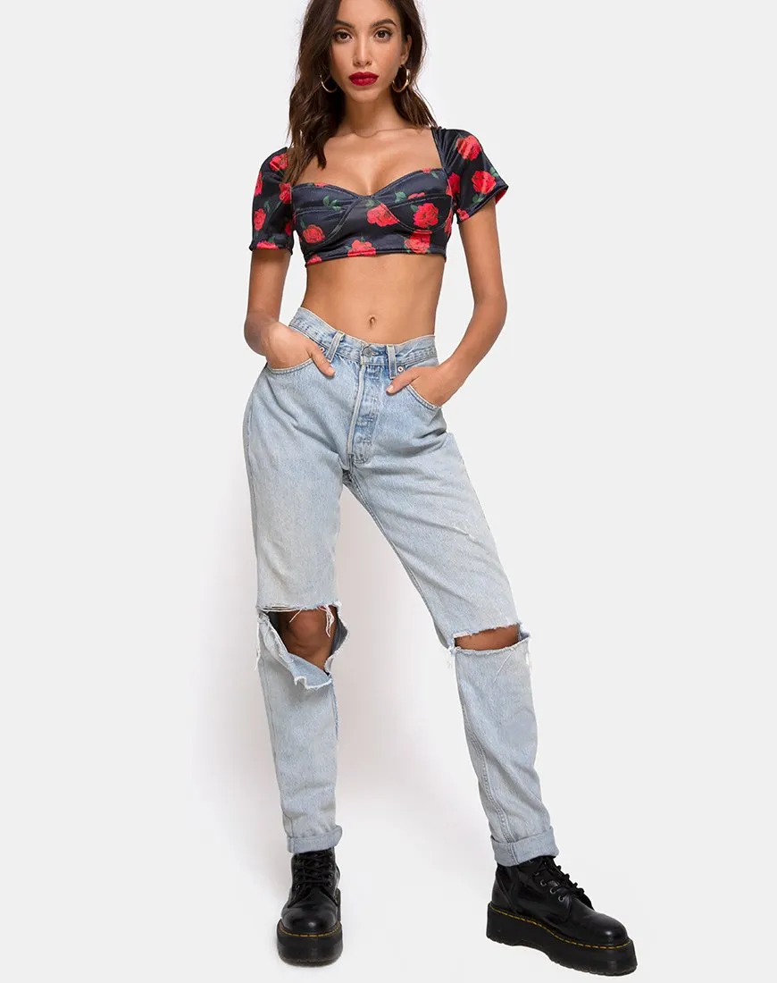Yoona Top in Satin Stretch Last Rose Black